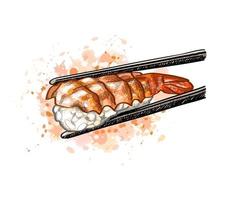 Gunkan sushi with shrimp from a splash of watercolor hand drawn sketch Vector illustration of paints