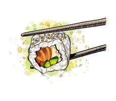 Gunkan sushi with salmon and cucumber from a splash of watercolor hand drawn sketch Vector illustration of paints