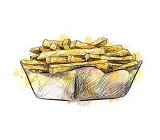 French fries in the paper basket from a splash of watercolor hand drawn sketch Vector illustration of paints