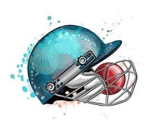 Cricket helmet with ball from a splash of watercolor hand drawn sketch Vector illustration of paints