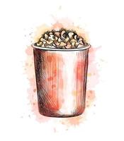 Paper cup with popcorn from a splash of watercolor hand drawn sketch Vector illustration of paints
