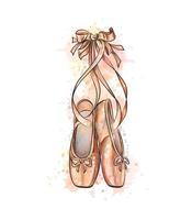 Ballet shoes pointe shoes from a splash of watercolor hand drawn sketch Vector illustration of paints