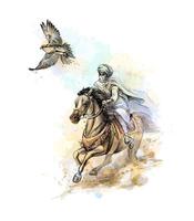 Falcon hunting Arabian man with a falcon and a horse from a splash of watercolor hand drawn sketch Vector illustration of paints