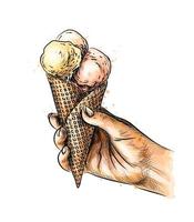 Mano femenina sosteniendo helado en cono de galleta de un toque de acuarela boceto dibujado a mano ilustración vectorial de pinturas