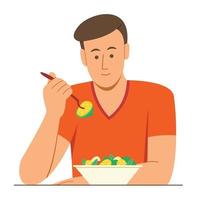 el hombre disfruta comer la ensalada para una buena salud vector