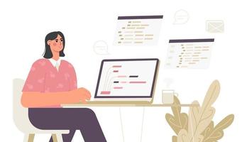 Girl programmer working on web on a laptop The concept of coding and writing a script Flat trend vector illustration