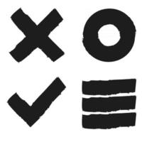 Set of four grunge vector isolated icons for user interface and web pages cross check circle and hamburger menu signs