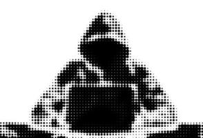 Hacker with laptop Halftone vector illustration on hacking computer security programming coding nets viruses cyber protection themes