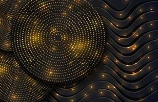 Abstract background with gold glitter particles and sparkling light on black wavy lines surface vector