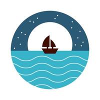 sea scape scene with moon and sailboat flat style icon vector