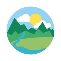 landscape scene with mountains ans river flat style icon vector
