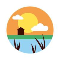 landscape with sun and house scene flat style icon vector