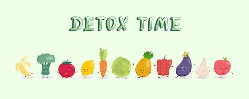 Set of cute vegetables and fruits with a face legs and handles Detox time  lettering isolated on white background Vector illustration about healthy eating Vegan products