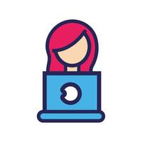 mujer que usa la línea de la computadora portátil y el icono de estilo de relleno vector