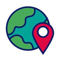 world planet with pin pointer location line and fill style icon vector