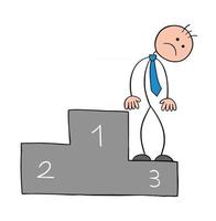 Stickman Businessman Character in the Third Place On A Podium and Unhappy Vector Cartoon Illustration