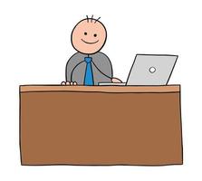Stickman empresario personaje feliz y sentado en la ilustración de dibujos animados de vector de escritorio