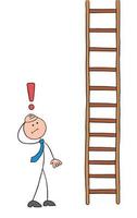 Stickman Businessman Character Looking at the Very Long Wooden Ladder and Worried Vector Cartoon Illustration