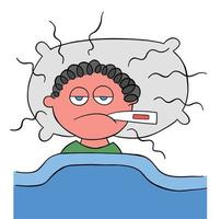 Cartoon Man is Lying Down and has a Fever Vector Illustration