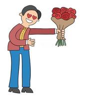 Hombre de dibujos animados enamorado dando un ramo de rosas ilustración vectorial vector