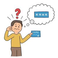 Cartoon Man Trying to Remember Credit Card Password Vector Illustration