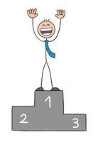 Stickman Businessman Character in the First Place on a Podium and Very Happy Vector Cartoon Illustration