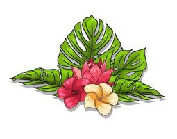 Tropical collection with exotic flowers and carved leaves in cartoon style vector