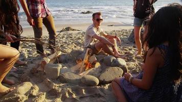 Group of young people at beach making camp fire video