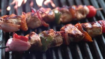 brochettes de poulet sur le gril, tourné sur phantom flex 4k video