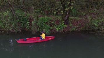 Aerial shot of man paddling canoe in lake video