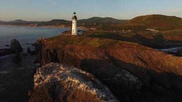Aerial view of Yaquina Bay Lighthouse at sunset, Newport, Oregon