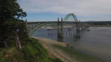 Aerial shot of Newport, Oregon bridge and bay video