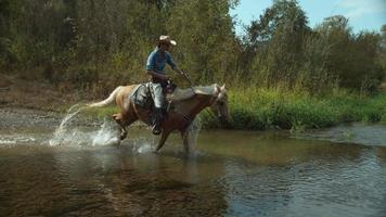 femme à cheval à travers le ruisseau en super ralenti, tourné sur le fantôme flex 4k à 1000fps video
