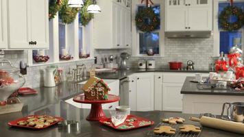 Disparo interior de cocina decorada para navidad video