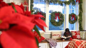 Young girl reading book in house decorated for Christmas video