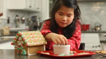 Young girl decorating gingerbread house for Christmas video