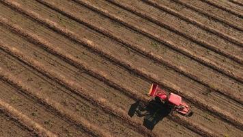 Vista aérea del tractor en la granja conduciendo por filas video