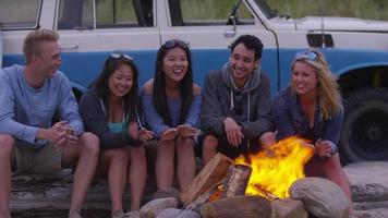 groep vrienden op het strand rondhangen bij het kampvuur video