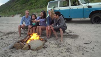 grupo de amigos na praia perto da fogueira
