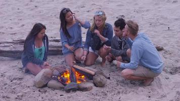 Group of friends at beach hanging out by campfire and roasting marshmallows