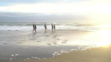 grupp av vänner på stranden spelar i surfa video