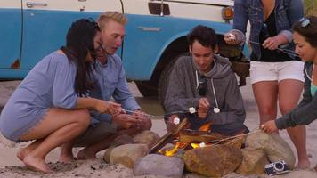 grupo de amigos na praia assando marshmallows na fogueira video