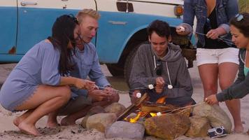 Gruppe von Freunden am Strand Marshmallows am Lagerfeuer rösten video