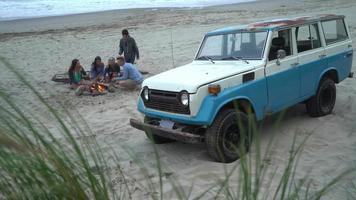 Grupo de amigos en la playa pasando el rato junto a una fogata video