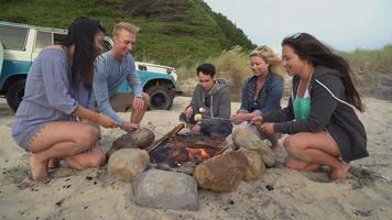 gruppo di amici in spiaggia che si rilassano davanti al fuoco arrostendo marshmallow video