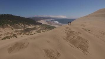 vista aerea della coppia che fa un'escursione sulle dune di sabbia alla spiaggia at video