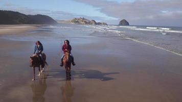 Aerial view of women riding horses at beach video