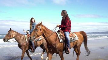 Women riding horses at beach video