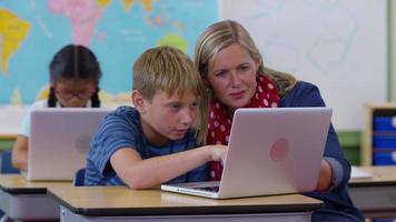 profesor y alumno usando la computadora portátil en el aula video