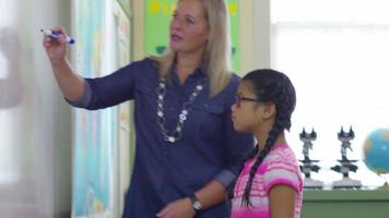 Student goes to front of class and writes on board in school classroom video